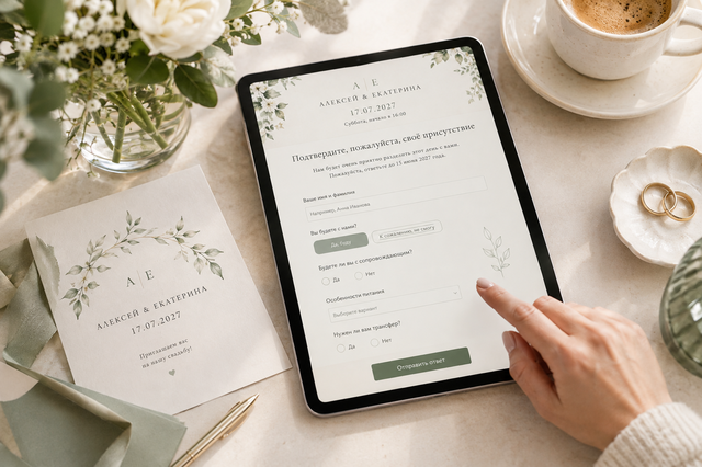 Гость заполняет RSVP на свадьбу на планшете